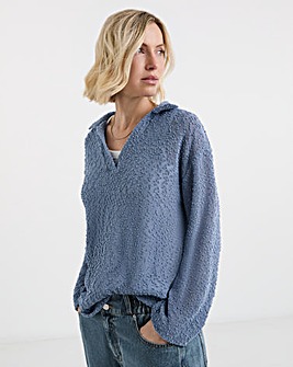 Boucle V-Neck Collared Long Sleeve Top