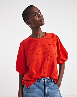Broderie Crew Neck Lantern Sleeve Top
