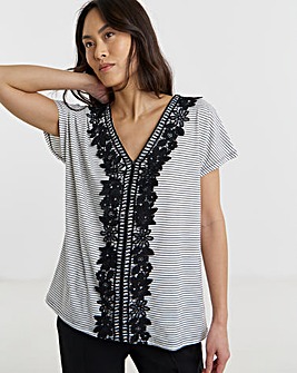 Stripe Lace Neckline T-Shirt