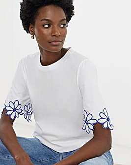Embroidered Flower Sleeve Longline T-Shirt