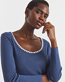 Scallop Neck Long Sleeve Rib Top