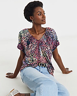 Multi-Coloured Printed V Neck Short Sleeve Top