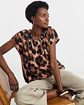 Animal Print Ruched Neck Bubble Hem Top