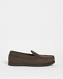 Brown Nubuck Slip On Casual Loafer Wide Fit