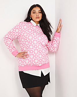 Pink Checkerboard Printed Sweatshirt