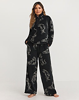 Chelsea Peers Fleece Tiger Print Half Zip Top And Wide Leg Pyjama Set