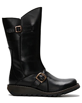 Fly London Mes II Black Leather Low Wedge Calf Boots