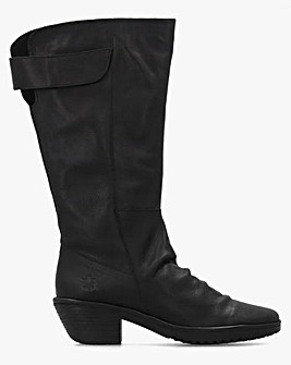 Fly London Waki Black Leather Stacked Heel Knee Boots