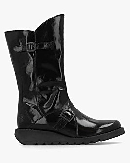 Fly London Mes II Black Patent Leather Low Wedge Calf Boots