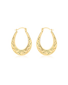 9ct Gold Patterned Oval Creole Earrings