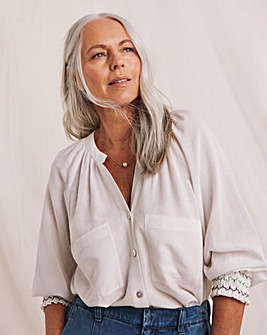 Julipa Linen Embroidered Cuff Button Down Blouse