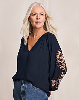 Julipa Palm Embroidered Navy Blouse