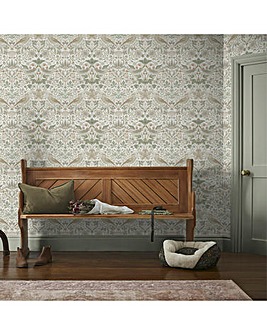 William Morris at Home Strawberry Thief Sage & Pink Animal & Floral Wallpaper