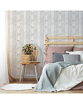 Fresco Great Value Plank Wood Effect Love Heart Print Wallpaper Grey