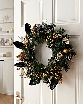 Gold and Blue Berry and Leaves Wreath 60cm