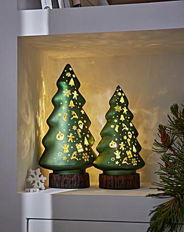 Set of 2 Green Glass Light Up Christmas Trees