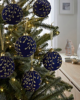 Set of 6 Flocked Navy and Gold Baubles
