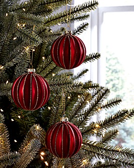 Gisela Graham Red Glass Stripe Baubles - Set of 3