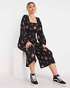Floral Print Square Neck Waffle Jumpuit