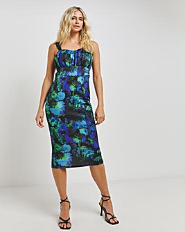 Made In GB Black Floral Printed Scuba Milkmaid Midi Dress