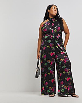 Made In GB Black Floral Printed Twill Halterneck Jumpsuit