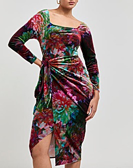 Made In GB Floral Printed Velvet Wrap Knot Front Midi Dress