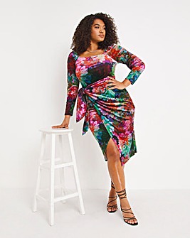 Made In GB Floral Printed Velvet Wrap Knot Front Midi Dress