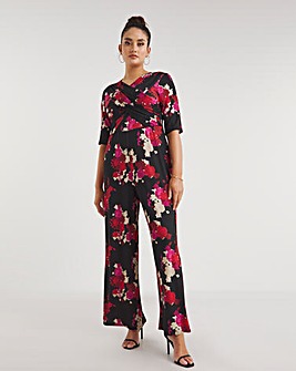 Made In GB Black Floral Printed Jersey Cross Front Jumpsuit