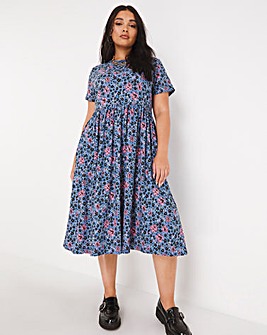 Blue Floral Supersoft Jersey Midi Dress With Pockets