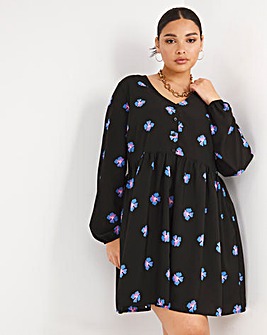 Black Floral Button Through Smock Dress With Pockets