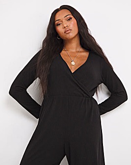Black Ribbed Jersey Long Sleeve Wrap Front Jumpsuit