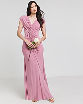 Pink Ruched Front Maxi Bridesmaid Dress