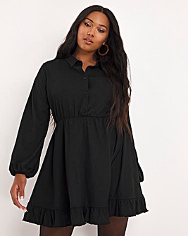 Black Long Sleeve Waffle Shirt Dress