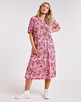 Pink Floral Print Supersoft Jersey Midi Dress