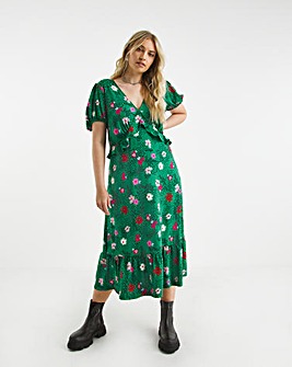 Green Floral Print Supersoft Jersey Frill Midi Dress