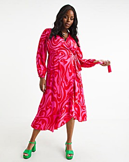 Pink And Red Swirl Print Satin Wrap Dress