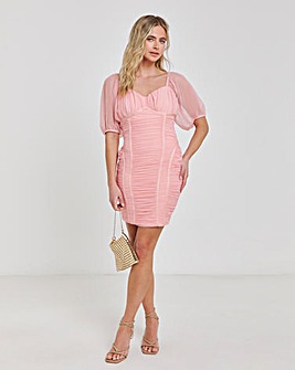 Simply Contour Pink Stretch Ruched Mesh Contouring Seam Bodycon Dress