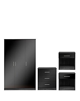 Miami Gloss 4 Piece Bedroom Package (2xBedside, 3 Drawer Chest, 3 Door Wardrobe)