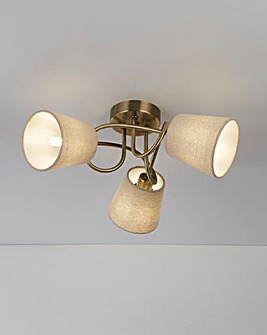 3 Light Antique Brass Ceiling Light with Linen Shades