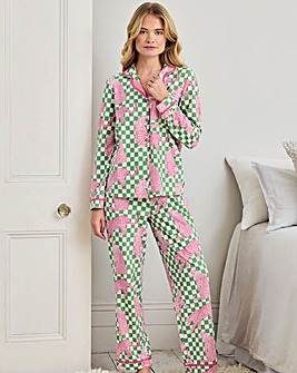 Chelsea Peers Organic Cotton Classic Pyjama Set Checkerboard Leopards Print