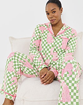 Chelsea Peers Organic Cotton Classic Pyjama Set Checkerboard Leopards Print