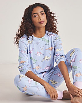 Chelsea Peers Classic Crew Neck Pyjama Set Dinosaur Print