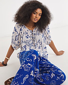 Blue Print Crinkle Frill Edge Smock Blouse