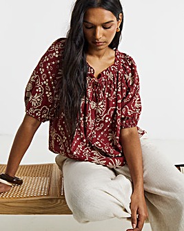 Scarf Print Crinkle Frill Edge Smock Blouse