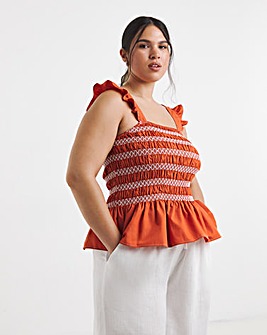 Rust Shirred Flutter Sleeve Poplin Shirred Top