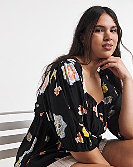 Multi Print Shirred Detail Peplum Top