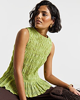 Green Shirred Sleeveless Top