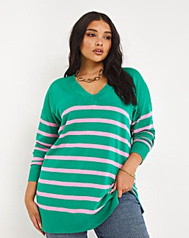 Green & Pink Stripe Slouchy V Neck Tunic