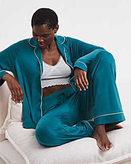 Figleaves Satin Trim Button Through Pyjama Set