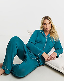 Figleaves Satin Trim Button Through Pyjama Set